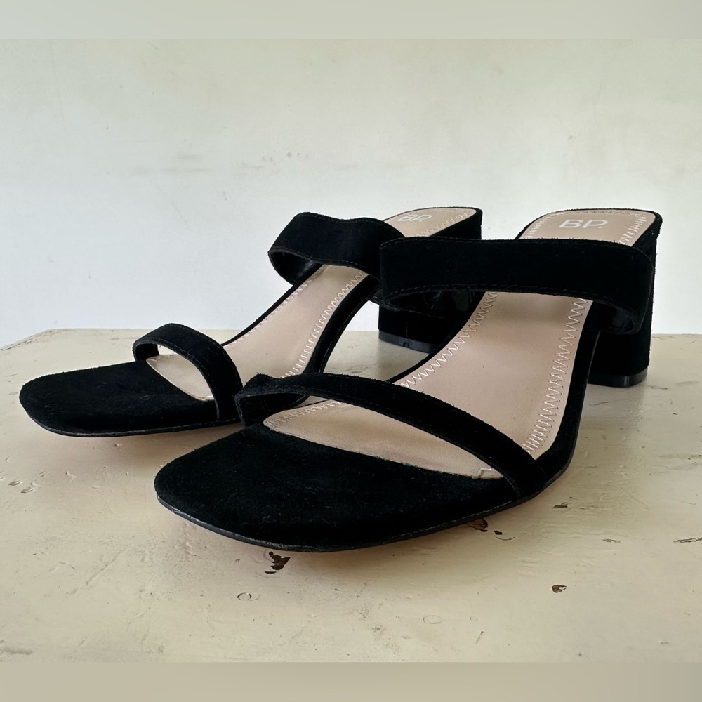 BP Black Suede Sandals Slip On Chunky Block Heels Minimalist Size 8.5
